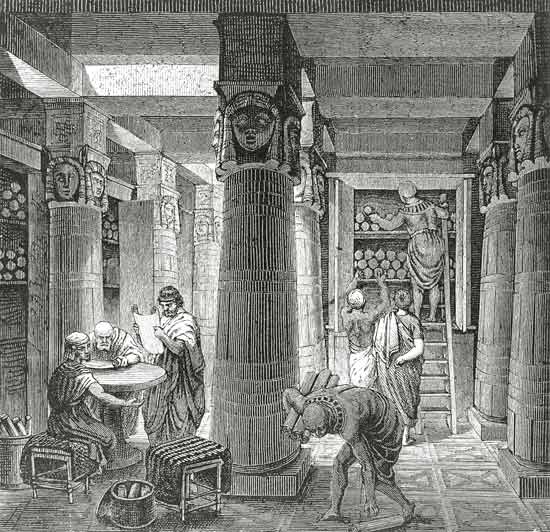 Imaginary recreation of the Ptolemy Library in Alexandria, Egypt, from 'Histoire Generale des Peuple à École hongroise
