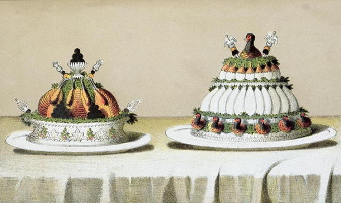 Design for the presentation of chicken stuffed with foie gras and pheasant breasts cooked in the Ber à École hongroise (19ème siècle)