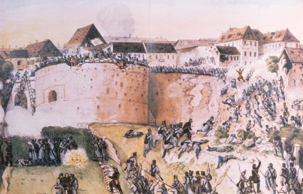 The Hungarian Revolution of 1848: Austrian troops assault the Buda Castle on 21st May 1849 (w/c on p à École hongroise (19ème siècle)