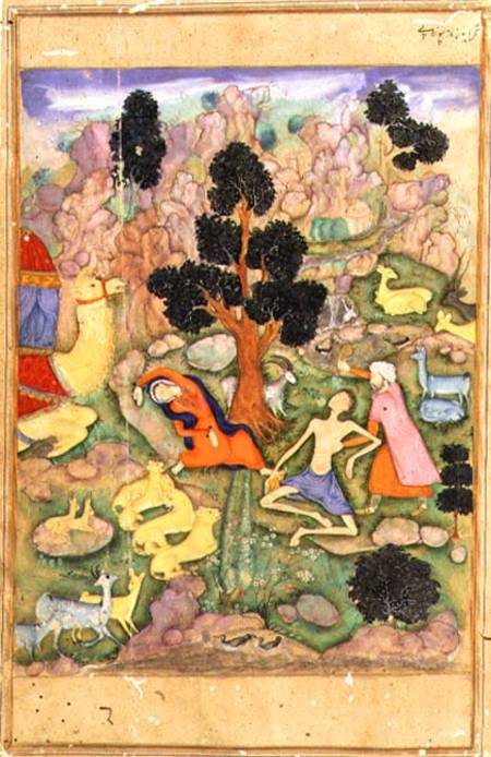 f.28a Layla and Majnun faint at their meeting, illustration to a poem of the Khamsa called 'Majnun L à Husain  Naquash