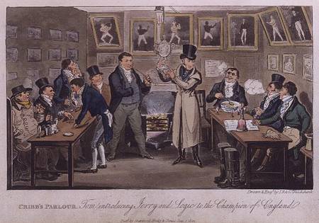 Cribb's Parlour: Tom introducing Jerry and Logic to the Champion of England, from 'Life in London' b à I. Robert & George Cruikshank