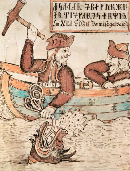 Thor fishing for the serpent of Midgard, from the boat of the giant Hymir à École islandaise de peinture