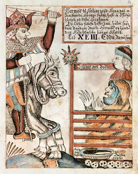 Hermod astride Sleipnir, his father''s famous eight-legged charger, at the barred gates of the Kingd à École islandaise de peinture