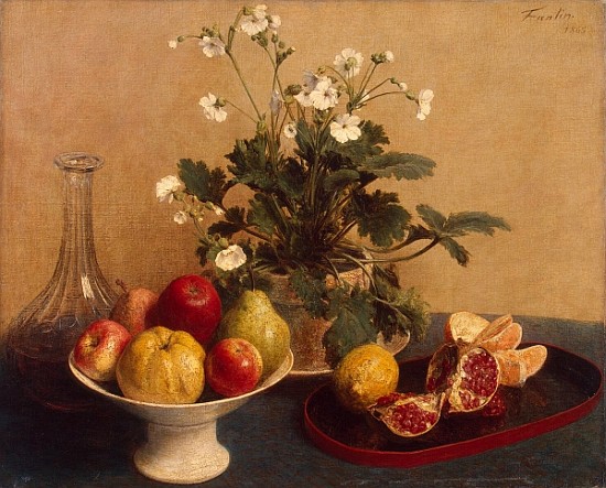 Flowers, dish with fruit and carafe à Ignace Henri Jean Fantin-Latour
