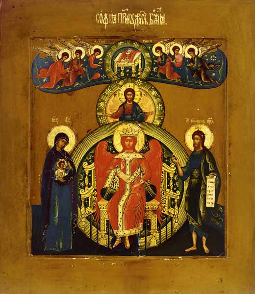 Die heilige Sophia, die göttliche Weisheit auf einem Thron mit ausgestreckten Flügeln, segnend und e à Icône (russe)