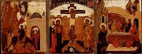 triptyque à gauche : Entrée dans Jerusalem milieu : crucifixion, à droite un lavage de pied à Icône (russe)