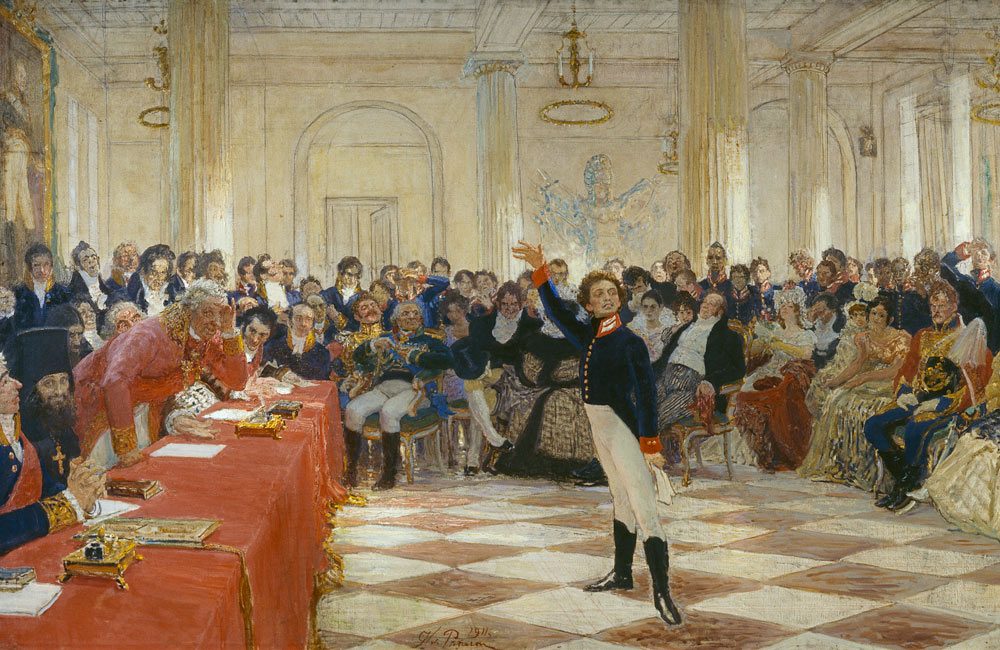 Alexander Pushkin at an examination in the Lyceum of Tsarskoye Selo on January 8, 1815 à Ilja Efimowitsch Repin