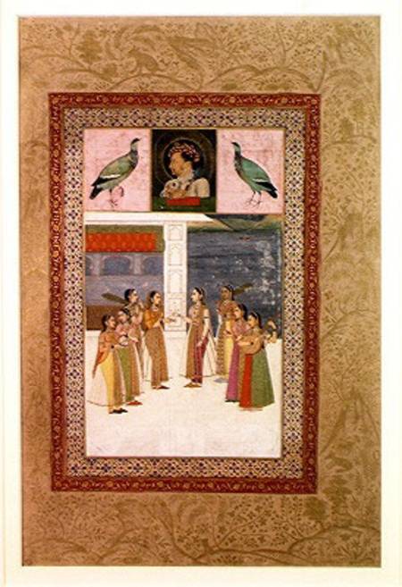 Ms E-14 Portrait of Djahangir (1569-1627) two birds and noble women in conversation à École indienne