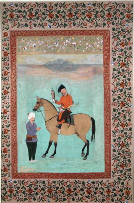 Ms E-14 Shah Abbas (1571-1629) on a horse holding a falcon à École indienne