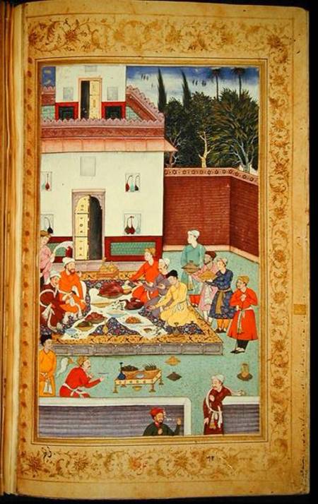 OR 3714 f.260v Mughal Emperor Feasting in a Courtyard, from the Baburnama of Dhanraj à École indienne
