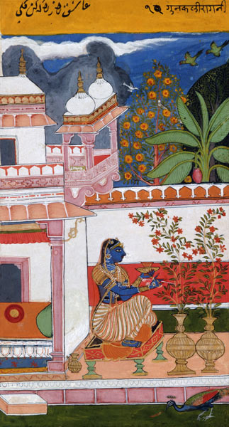 A lady picking flowers from a pot, Bundi, Rajasthan, Rajput School, c.1680, à École indienne