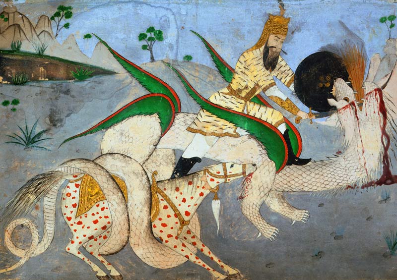 A mounted warrior attacking a dragon, illustration from a book on Indian mystics à École indienne