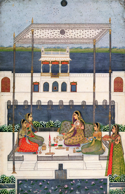 Evening party in the garden of a Mughal Palace, Lucknow or Murshidabad, West Bengal à École indienne