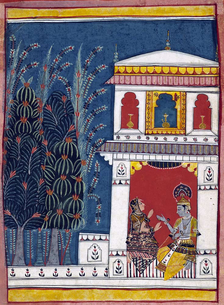 Krishna and a lady in a pavilion à École indienne