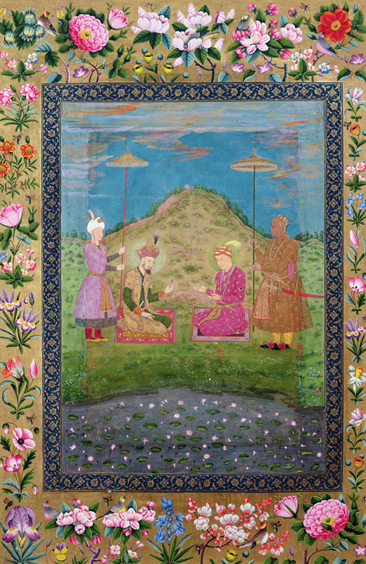 Ms E-14 Humayun (1508-56) and Akbar (1542-1605) with a vizier, from a Moraqqa à École indienne