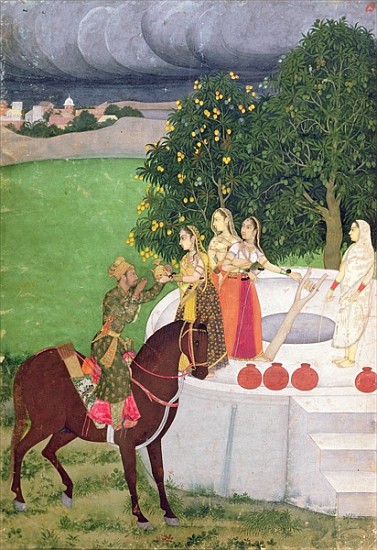A Prince begging water from women at a well, Mughal, c.1720 à École indienne
