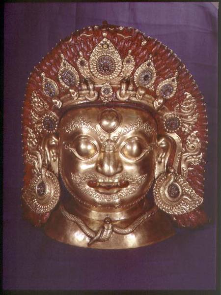 Head of Bhairava, embossed copper, painted and gilded, probably Nepalese à École indienne