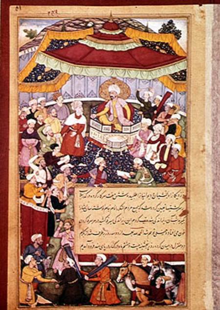 The King on his throne surrounded by his courtiers à École indienne