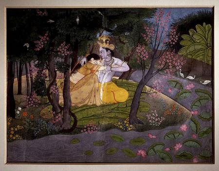 Krishna and Radha embracing in a grove, Kangra, Himachal Pradesh, Pahari School à École indienne