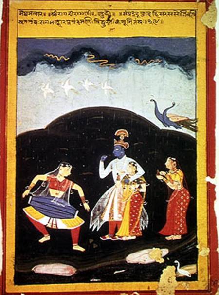 Krishna and Radha in the rain with two musicians, Rajasthan à École indienne