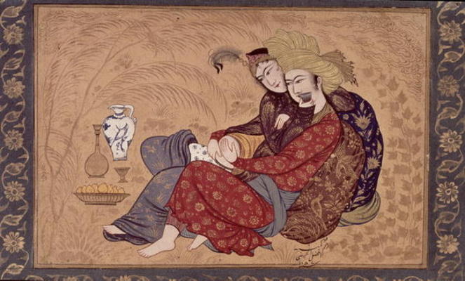 Lovers embracing and drinking wine, from the large Clive Album, Mughal à École indienne