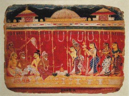 The Marriage of Krishna's Parents, from a dispersed manuscript of the 'Bhagavata Purana' from Mewar, à École indienne