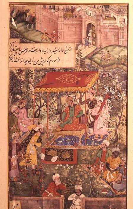 The Mogul Emperor Basar receives the envoys Uzbeg and Rauput in the garden at Agra on 18th December à École indienne