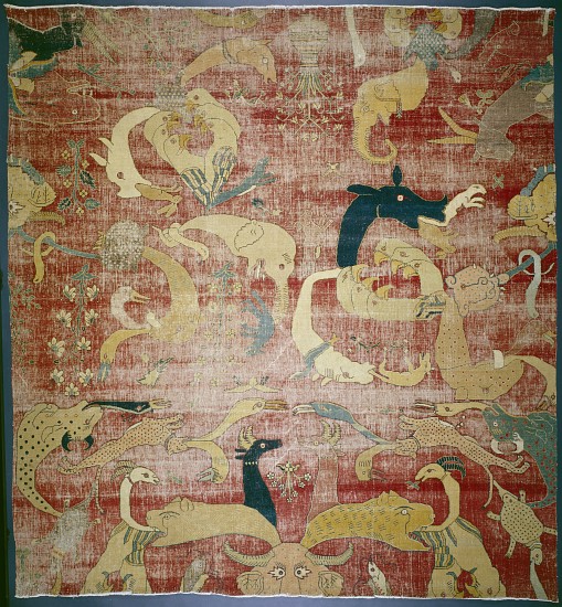 Portion of a carpet with fantastic animals on red ground, Mughal à École indienne