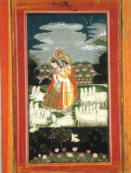 Radha and Krishna embrace in an idealised landscape with cows à École indienne