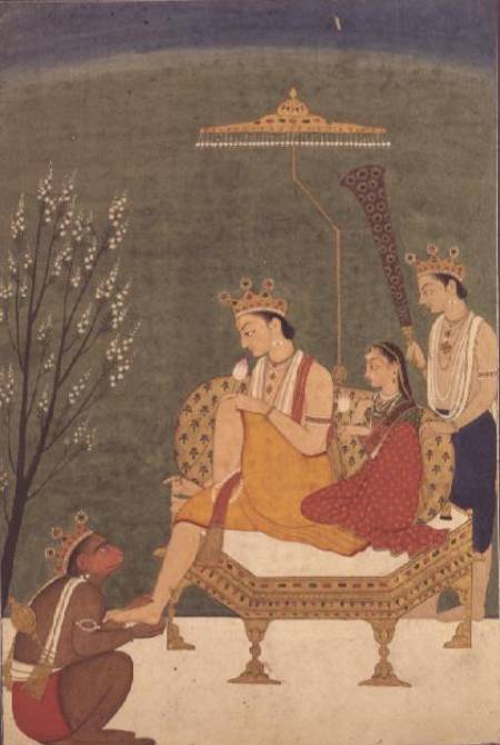 Seventh Incarnation of Vishnu as Rama-Chandra: Rama and Sita Reunited (paint on paper) à École indienne