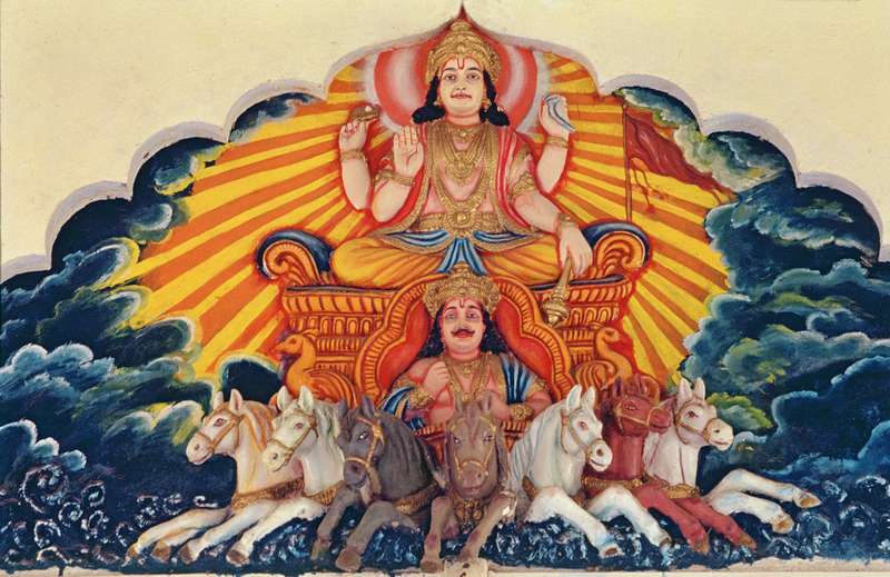 Surya Narayan, the Sun God (painted relief)  à École indienne