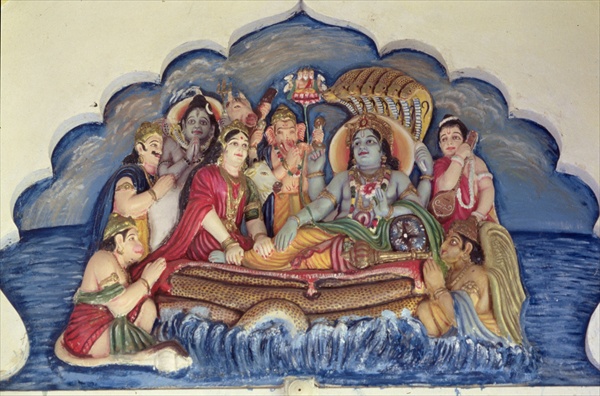 Vishnu Narayana, floating on Sheshanaga (painted relief)  à École indienne