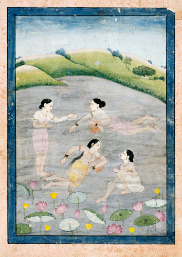 The Wives Of Raga Hindola Swimming In A Lake With The Aid Of Pitchers, The Foreground With Waterlili à École indienne