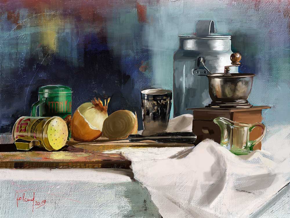 Still life with a milk can and a coffee grinder à Georg Ireland