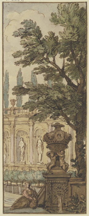 Panneau, im Vordergrund eine Vase, im Hintergrund ein Orangeriegebäude à Isaac de Moucheron