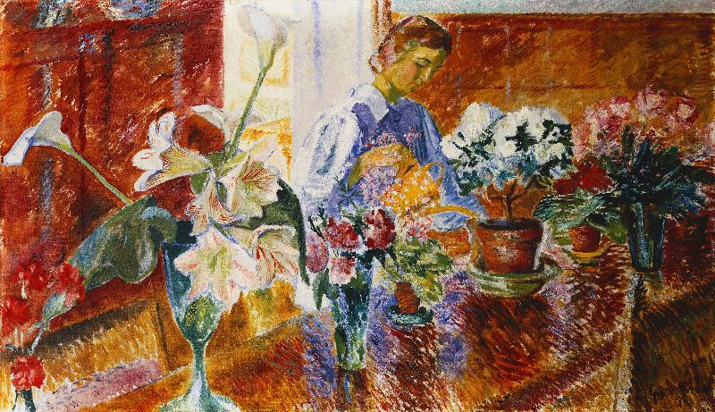 Interieur mit Blumen gießender Frau à Isaac Grunewald
