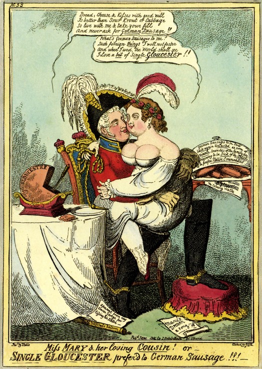 Miss Mary and her Loving Cousin or Single Gloucester Prefer'd to German Sausage! à Isaac Robert Cruikshank