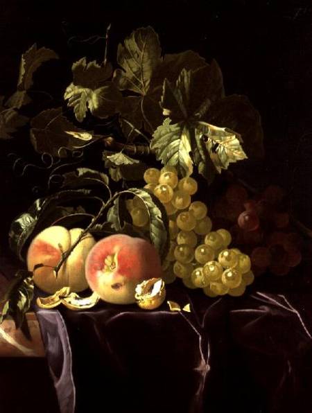 Still Life of fruit, nuts and leaves on velvet cloth à Isaak Denies