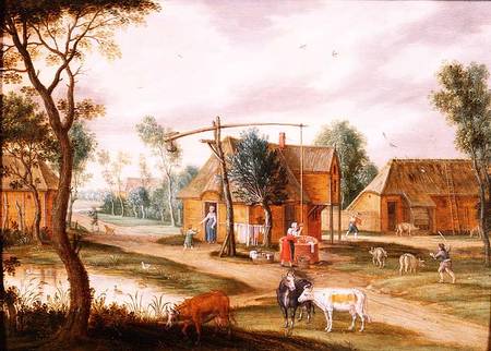 A village landscape with a woman drawing water from a well (panel) à Isaak van Oosten