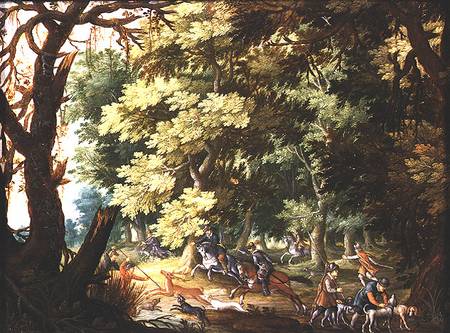 A Wooded Landscape with Hunters and Hounds (oil on copper) à Isaak van Oosten