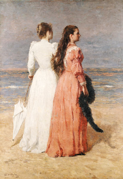 Elegant gekleidete Damen am Strand à Isidor Verheyden