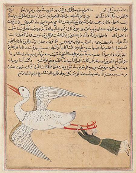 Ms E-7 fol.72a Merchant from Isfahan Flying, from 'The Wonders of the Creation and the Curiosities o à École islamique