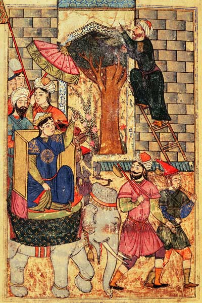 Fol.110 The Sultana leaving the palace, from ''The Book of Kalilah and Dimnah'' (ink and opaque w/c  à École islamique