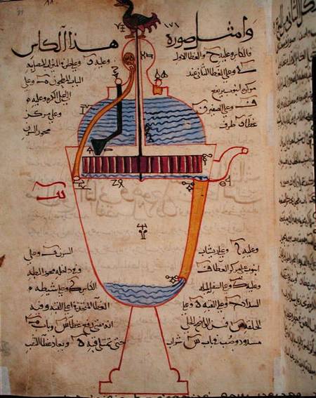 Mechanical device for pouring water, illustration from the 'Treatise of Mechanical Methods', by Al-D à École islamique