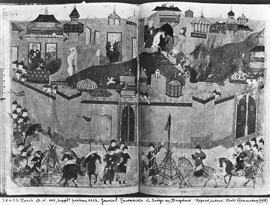 Ms Suppl Persan 1113 f.180-181 Mongols under the leadership of Hulagu Khan storming and capturing Ba à École islamique