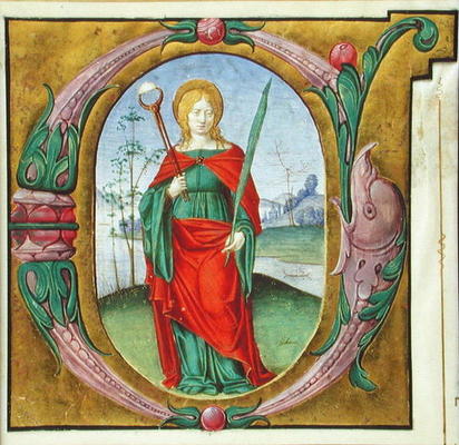 Historiated initial 'G' depicting St. Agatha (vellum) à École picturale italienne