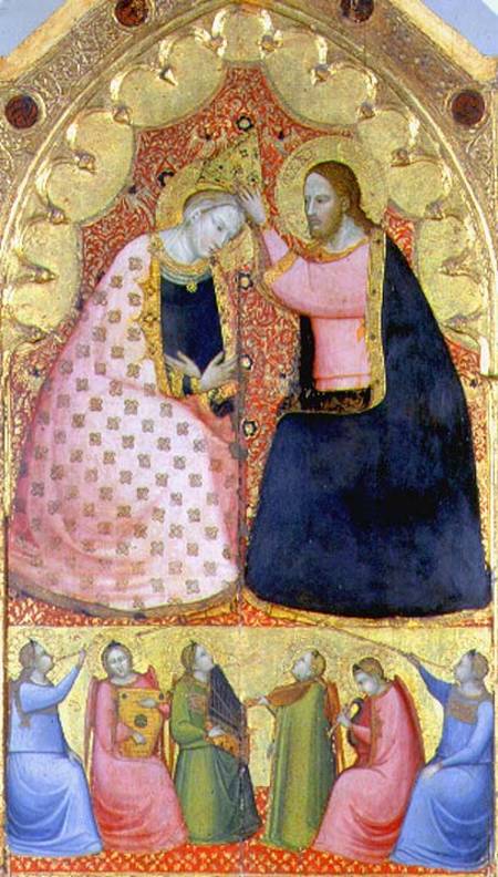 Coronation of the Virgin, altarpiece with a predella panel depicting angels playing musical instrume à École picturale italienne