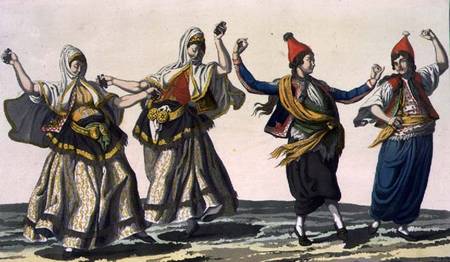 Two female and two male dancers, plate 62 from Part III, Volume I of 'The History of the Nations', e à École picturale italienne