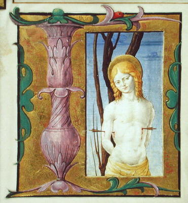 Historiated initial 'L' depicting St. Sebastian (vellum) à École picturale italienne