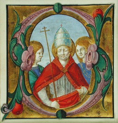 Historiated initial 'S' depicting St. Gregory and two Saints (vellum) à École picturale italienne